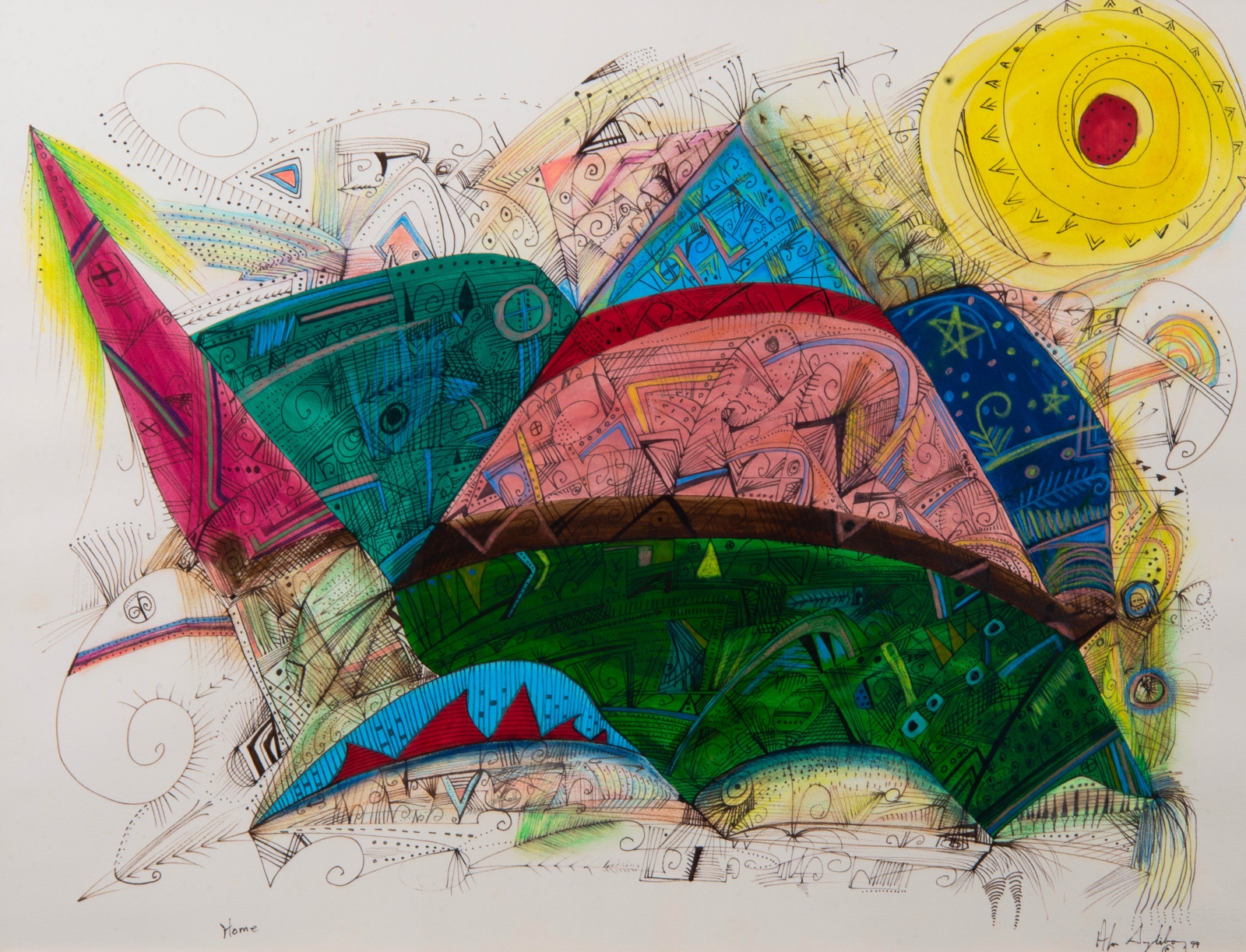 Abstract colourful drawing by Alan Syliboy.